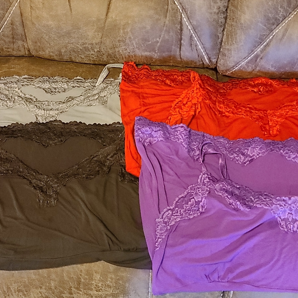 4 Lane Bryant lace trim camis. Gray, Brwn, red,pur